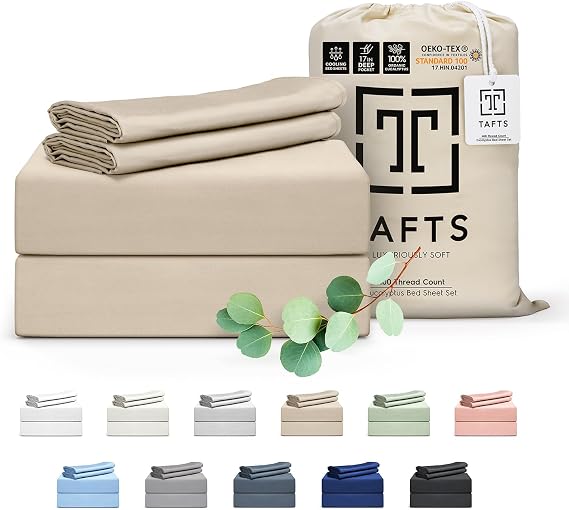 Tafts Eucalyptus Sheets Queen Size Bed Sheets - 100% Organic Eucalyptus, 400TC Eucalyptus Bed Sheets, 4 Piece Set, 17 Deep Pockets, Silk Feel, Cooling, Double Stitched (Nude Beige)