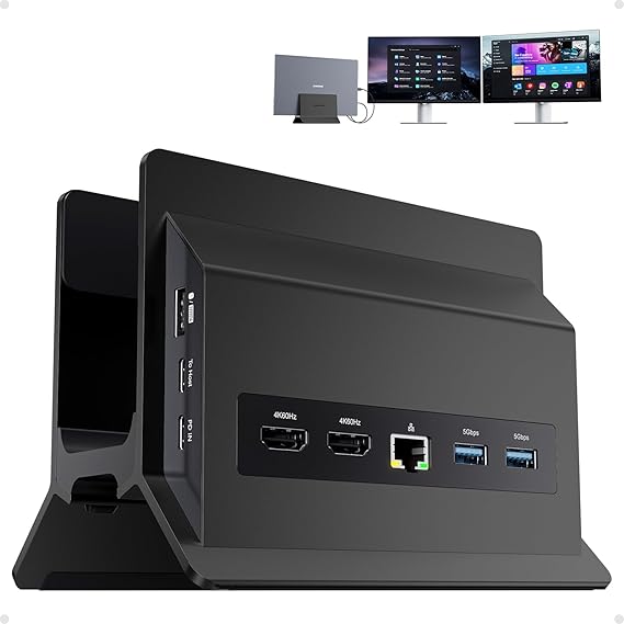 USB C Laptop Docking Station Dual Monitor, 11 in 1 Vertical Dock with 2 HDMI 4K, 3 USB A/C 10Gbps, 2USB-A 5Gbps, USB A 2.0, Ethernet, Docking Station Stand for Type-C Laptops - Black
