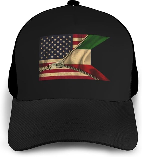 USA American Flag and Kuwait Kuwaiti Flag Adjustable Baseball Cap for Men and Women, Colorblock Curved Brim, Soft Cotton Hat Black