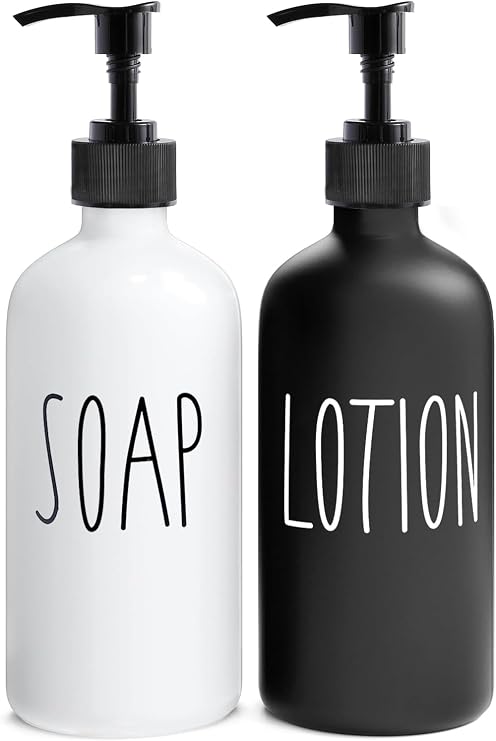 MOMEEMO Soap Dispenser Bathroom Set, Contains Soap Dispenser and Lotion Dispenser. Glass Soap Dispenser Suitable for Farmhouse Bathroom Accessories, Black and White Bathroom Decor.