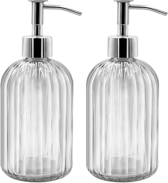 2 Pack Glass Soap Dispenser Bottle with Pump, 14 Oz Refillable Liquid Hand Jar Dispenser for Bathroom, Countertop, Kitchen, Laundry Room (Transparent)