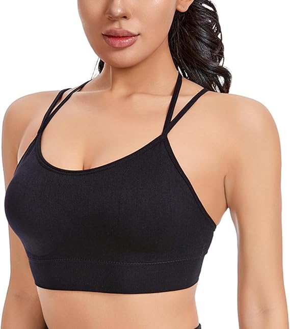 Women's Plus Size Sexy Criss Cross Back Strappy Sports Bras, Light Support Molded Cup, Seamless Padded Yoga Bra