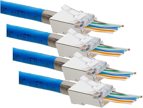 TRUE CABLE Cat5e RJ45 Pass Through Modular Plugs, Shielded (STP) Internal Ground Connector, UL Listed, EZ Crimp, Gold Plated 3 Prong 8P8C, 100 Pieces (Pack of 4)
