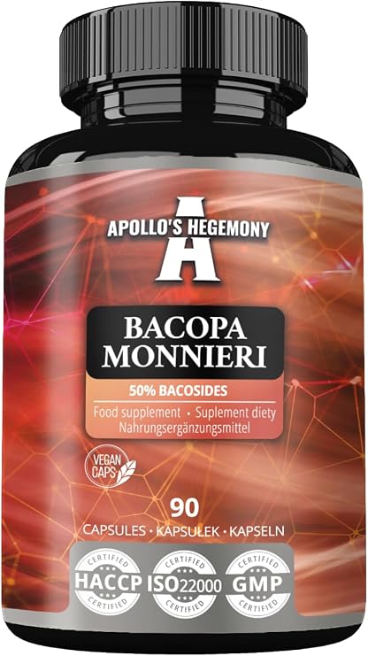 Bacopa Monnieri Extract 500mg, High Potency Brahmi Extract (50% Bacosides), 90 Vegan Capsules, 3 Month Supply, Herbal Supplements by Apollo's Hegemony