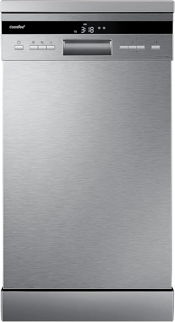 COMFEE' Slimline Freestanding Dishwasher FD1036E-X with 10 place settings, Whisper Quiet 44dB, Wide LED Display, Turbo Speed+,Delay Start, Flexible Racks,Stainless Steel [Energy Class D]