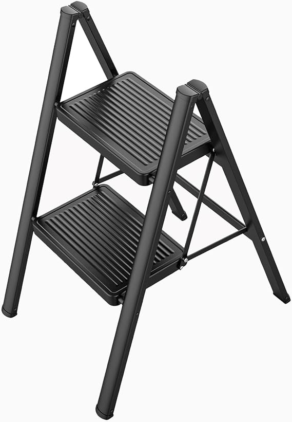 Gr8 Home Black Portable 2 Step Ladder Foldable Stool Non Slip Tread Heavy Duty Metal Steel Compact Lightweight Folding Home DIY Kitchen Aid