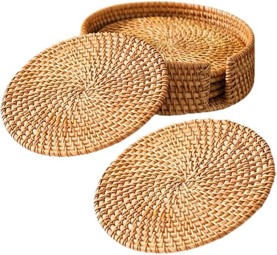 6-Piece Woven Drink Coaster Set with Storage Holder Rattan Coasters for Tabletop Protection Coffee Table Accessories Outdoor Coasters for Home Kitchen Patio