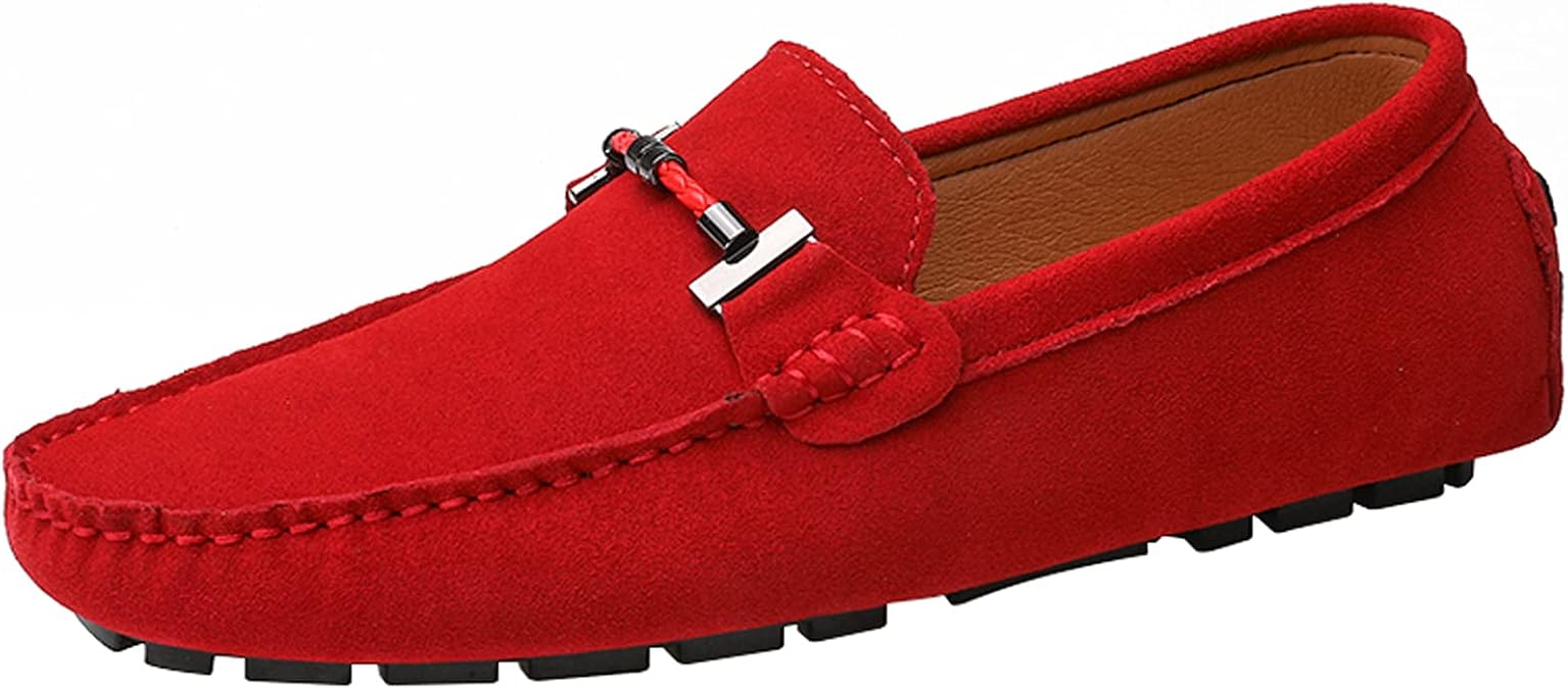 Flat Loafer for Men Suede Leather Slip-on Dress Driving Moccasins Casual Boat Shoes Red 12.5/48