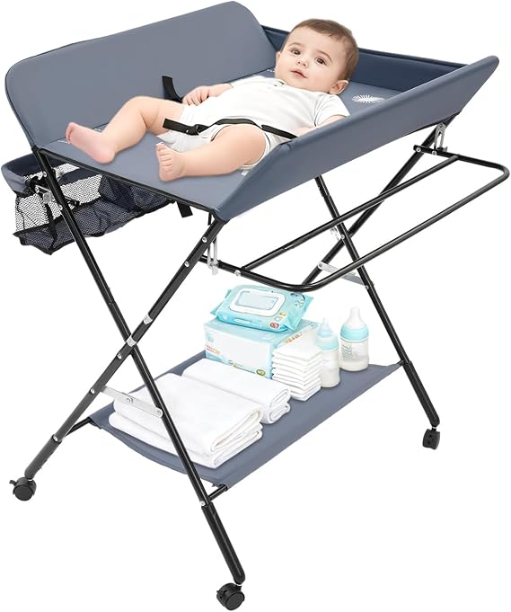 Baby Changing Table, Folding Diaper Changing Unit with Storage Basket, Baby Changing Unit, Mobile Infant Newborn Diaper Care Station Table Massage Table with Wheels Space-Saving(Grey)