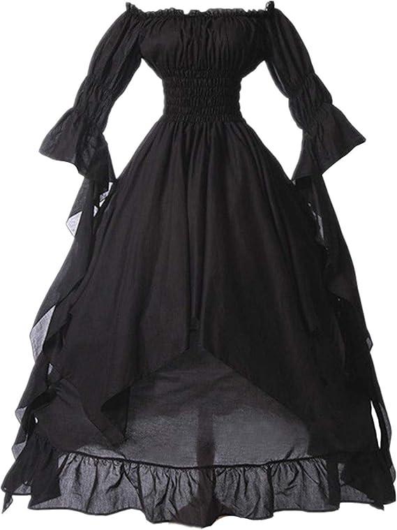 PBNBP Womens Floor Length Puff Sleeve Medieval Gowns High Low Off Shoulder Gypsy Dress Victorian Halloween Cosplay Costume