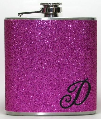 Pink Personalized Black Glitter Initial 6 oz Liquor Hip Flask Flasks Gift