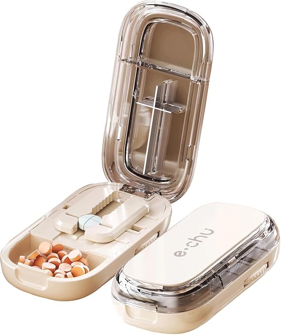 Pill Cutter, Pill Cutter 4 Section, Pill Cutter for Small and Micro Pill, 2025 New Portable Daily Pill Box with Centering Device, Adjustable Small and Micro Pill Cutter, Precise Pill Alignment Function Beige