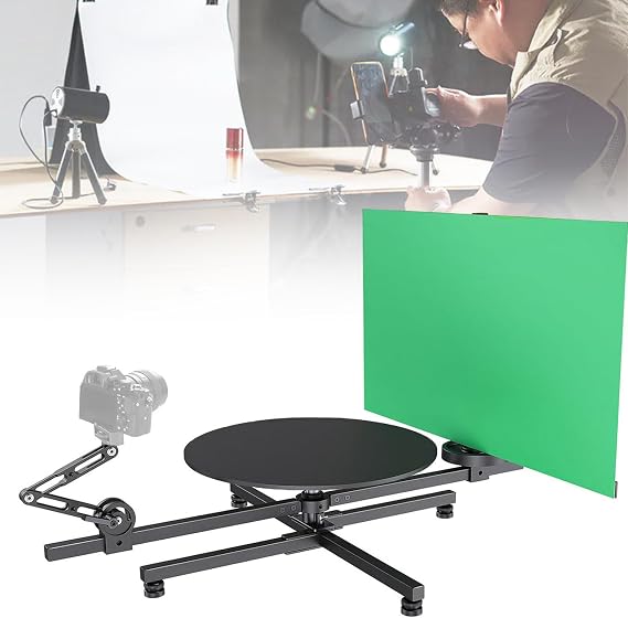 Rotating Camera Platform, 360 Degree Panoramic Rotating Shooting Platform, Rotating Camera Slider, Multi-Angle Adjustable with Foldable Green Screen, for Product Photography