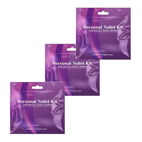 3 x Personal Toilet Kit | Public Restroom Kit | Toilet Paper, Toilet Seat Cover, Butt Wipes, Cleansing Wipes (Purple)