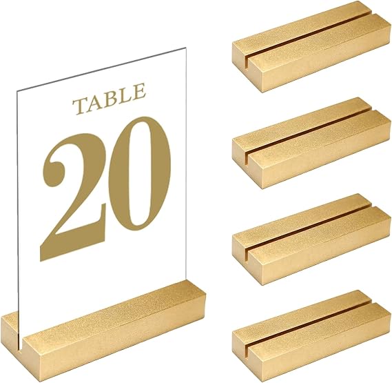 Gold Table Number Place Card Holders Wood 4 Pack, Display Stands Holder for Acrylic Sign Holder Base Wedding Card Party Display Paper Pictures Clip Price Board Photos Memos Menus Labels Stand Frames