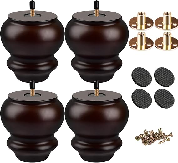 3 inch Solid Wood Spool Furniture Legs with M8 Bolts, Walnut, 4-Pack