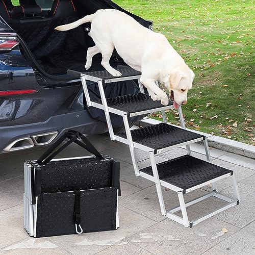 Uross Dog Stairs for Car 4 Steps Suitable for Car Trunk Heights 23-26- Collapsible Dog Steps for Car and SUV, Aluminum Pets Stairs for Large Pets, Telescoping Pet Step Ladder for Truck, High Bed