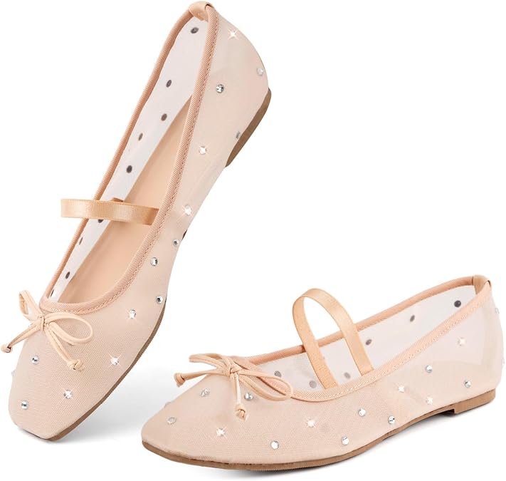 MUSSHOE Mesh Ballet Flats for Women: Square Toe Mary Jane Flats with Rhinestone Slip-on Dressy Comfortable Casual Ballerina Shoes for Wedding Bridal Work