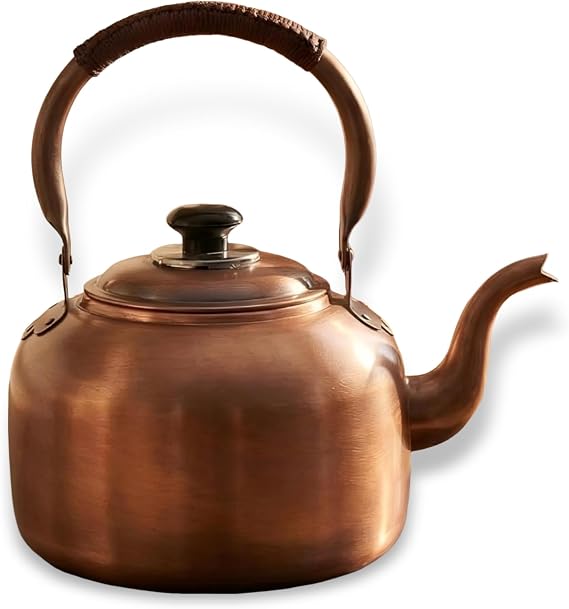 Copper Whistling Tea Kettle, Large Capacity with Cool-Touch Rope Handle,thicker Solid Copper Pot for Induction, Gas, Electric Stovetops, Fast Boiling Vintage Tea Maker (Bronze, 3.2 QT)