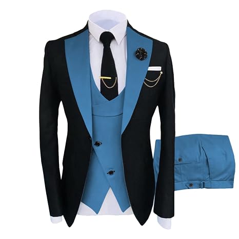 Mens 3 Pieces Slim Fit Suit Stylish Lapel One Button Dinner Prom Blazer Sets Party Wedding Jacket Vest Pants Set (Blue,XX-Large)