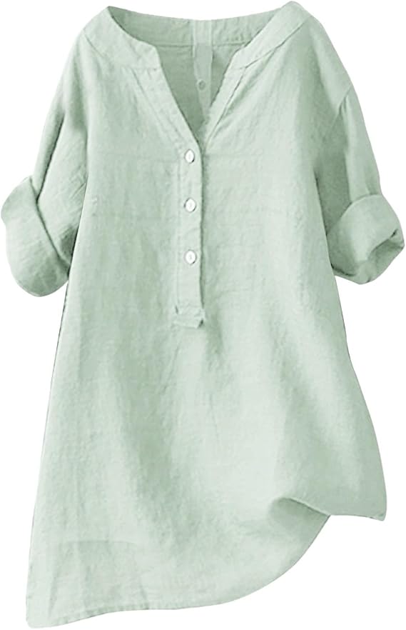 Linen Shirts for Women - Short Sleeve Cotton Linen Shirts Plus Size Button V Neck Dressy Blouses Summer Fashion Tops