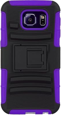 SumacLife Tough Dual Layer Hybrid Stand Holster Swivel Belt Clip Case for Samsung Galaxy S6 - Retail Packaging - Purple