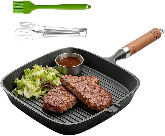 Grill Pan for Stove Top, 9 Inch Cast Iron Square Griddle Grilling Pan