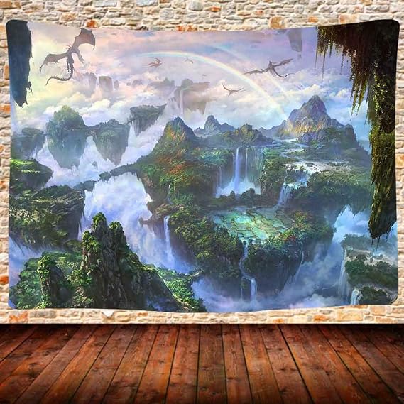 Fantasy World Forest Tapestries,Fairy Tale Landscape Fly Dragon 80X60Inch