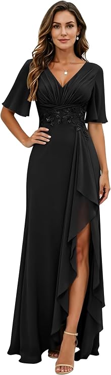 Chiffon Mother of the Bride Dresses for Wedding Short Sleeve Evening Dress with Slit