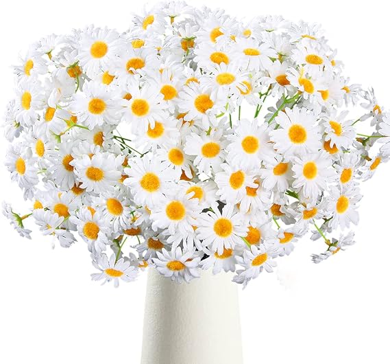 AmyHomie Artificial Flowers, 5 Bunches White Silk Daisy for Home Decor
