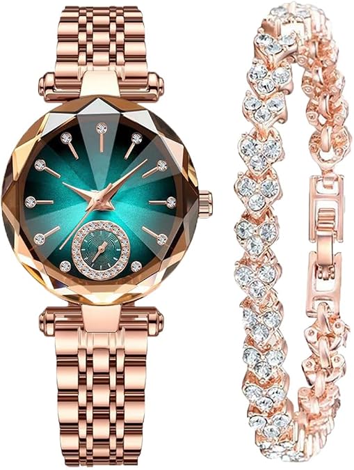Women Watches with Bracelet Rose Gold for Lady Elegant Stainless Steel Strap Fashion Analog Creative Diamond Dial Wrist Watch