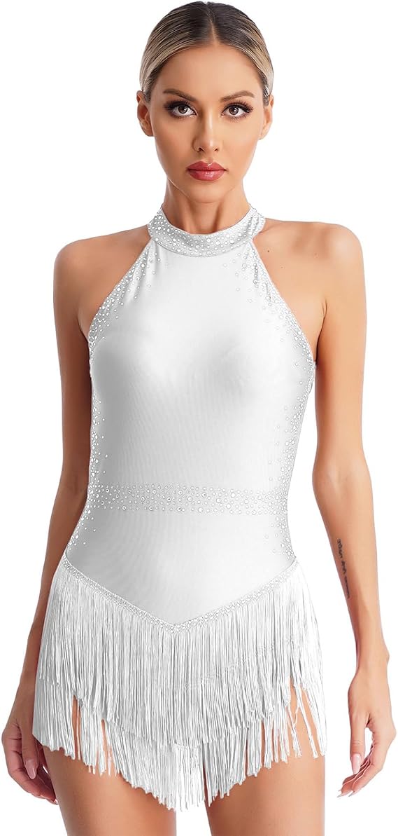 Loyan Women's Tassel Latin Jazz Dance Leotard Sparkly Ballroom Dancing Costume Halter Fringe Bodysuit