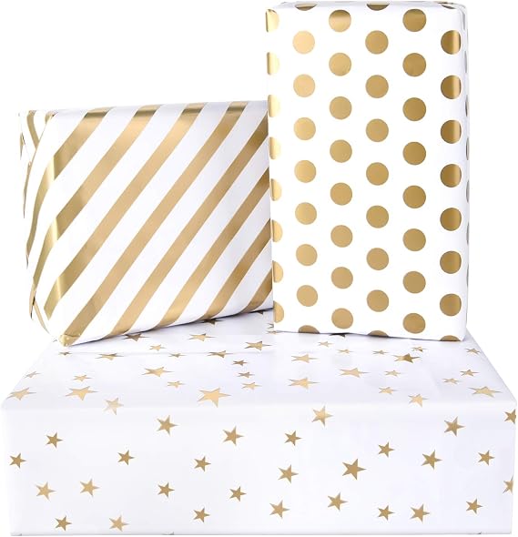 PLULON 6 Sheets Gold Birthday Gift Wrapping Paper, Gold Dots Stripe Star Wrapping Paper for Wedding, Birthdays, Valentines, Christmas