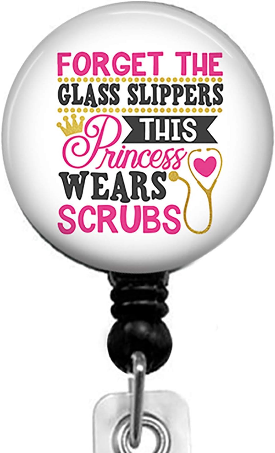 This Princess Wears Scrubs Retractable Badge Reel with Alligator Clip, Name Nurse ID Card Badge Holder Reel, Decorative Custom Badge Holder