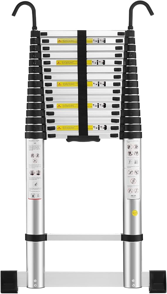 STANEW Aluminium Telescopic Ladder 6.2 M/20.34 FT,Ladders Extendable with Stabilizer Bar & Detachable Hooks, Multi-Purpose Telescoping Ladder with Thickened Non-Slip Feet, Max Load 150 KG