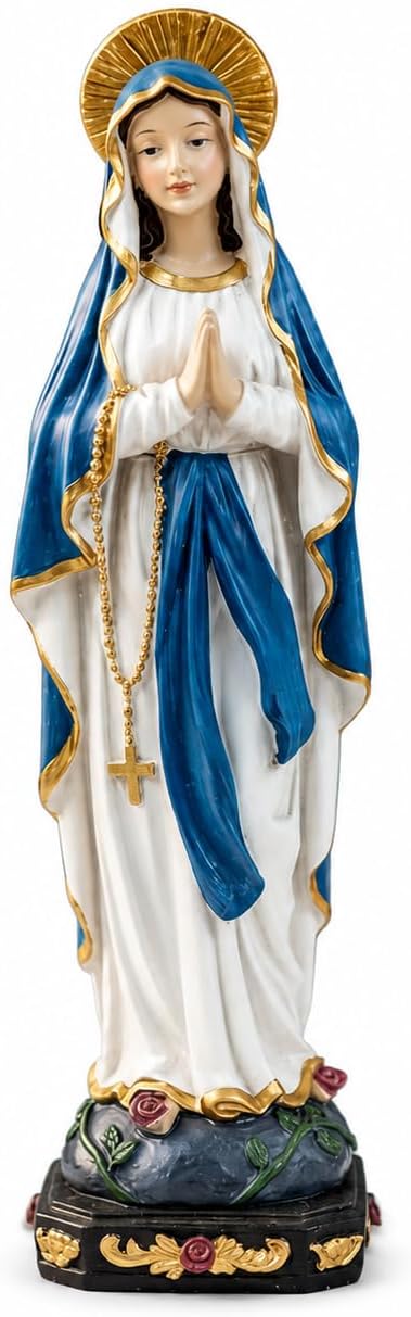 Comfy Hour 9 Inch Virgin Mary Statue, Praying Madonna Figurine, 1 Unit | Blessed Mother Catholic Decor, Hand-Painted Resin, Blue Robe With Golden Halo, Home Altar Or Prayer Room Accent