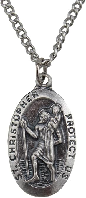 Fine Oxidized Silver Tone St Christopher 1-3/8-inch Medal on 24-inch genuine rhodium-plated chain with Gift Box (SO8747)