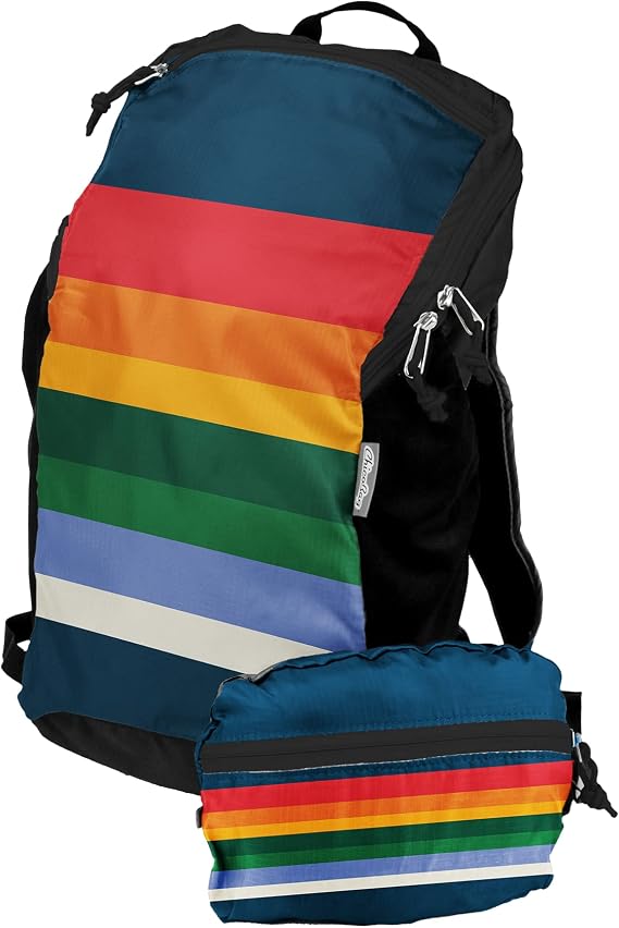 ChicoBag Travel Pack rePETe Recycled Backpack w/Built-In Pouch & Carabiner Clip | Perfect for Outdoor Activities | Eco-Conscious Packable Reusable Bookbag | Retro Stripe (Pack of 1)