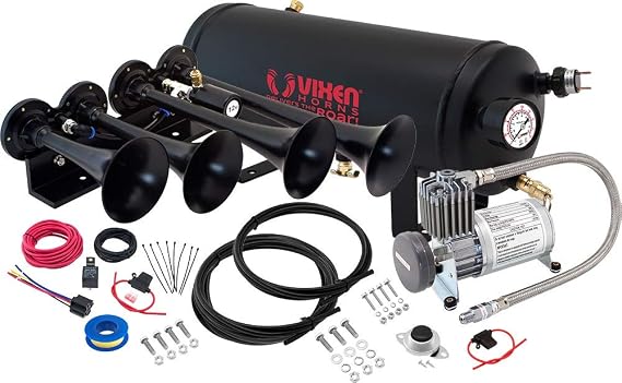 Vixen Horns Train Horn Kit, 4 Trumpets, 150 PSI Compressor, 1.5 Gallon Tank All-in-One Onboard Air Horn Kit, Super Loud dB, Fits 12V Vehicles Like Truck, Car, Semi, Pickup, SUV, Jeep VXPRO8524B