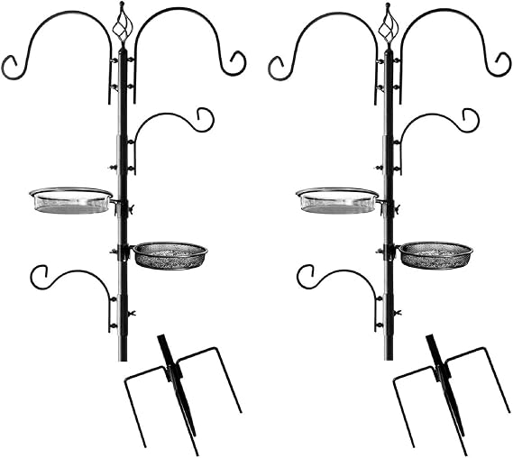 Ashman Deluxe Bird Feeding Station (2 Pack) for Outside - Multi Feeder Pole Stand Kit With 4 Hangers, Bath and 3 Prong Base for Attracting Wild Birds - 22 Inch Wide x 92 Inch Tall
