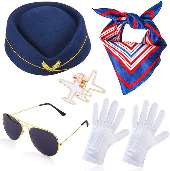 Flight Attendant Costume Accessories Stewardess Cosplay Outfits Air Hostess Hat Sunglasses Scarf Gloves Pins