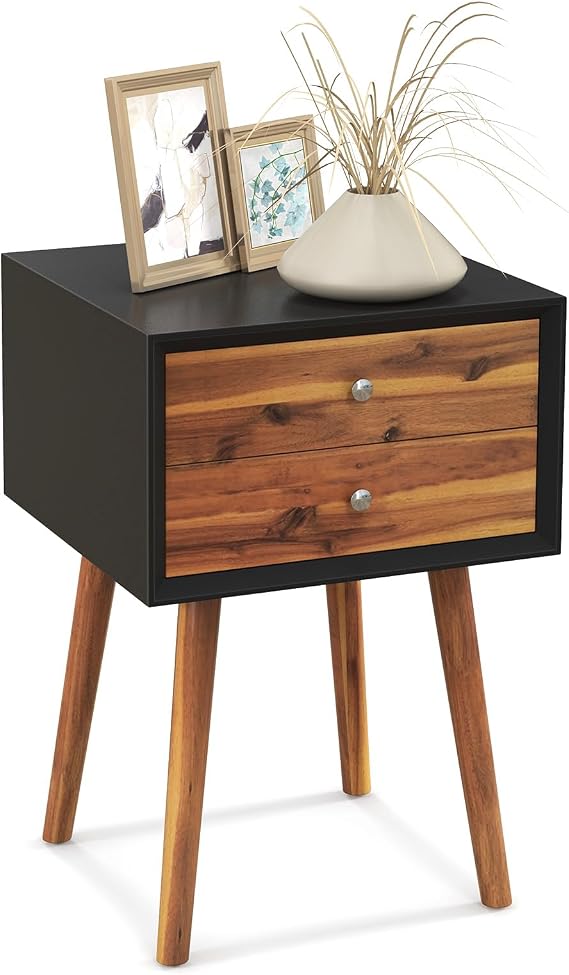 GIANTEX Nightstand with 2 Drawers, Mid Century Modern Bedside Table with Solid Wood Legs, Practical End Side Table for Living Room Bedroom Small Space, Night Stand, Black & Walnut