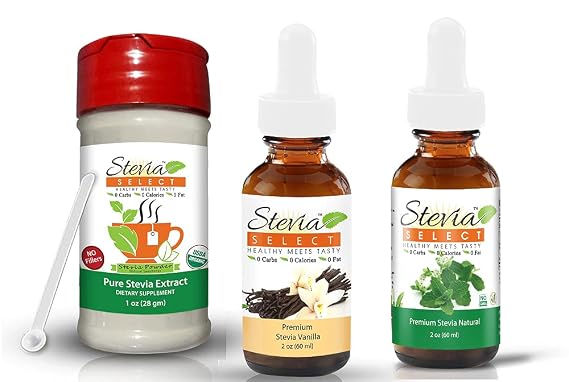 Stevia Select Pure Stevia, Vanilla Stevia, Liquid Stevia Bundle pack (3)