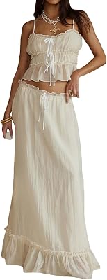 HengShunRui Women 2 Piece Skirt Sets Ruffle Trim Cami Top Tie Up Skirt Outfits