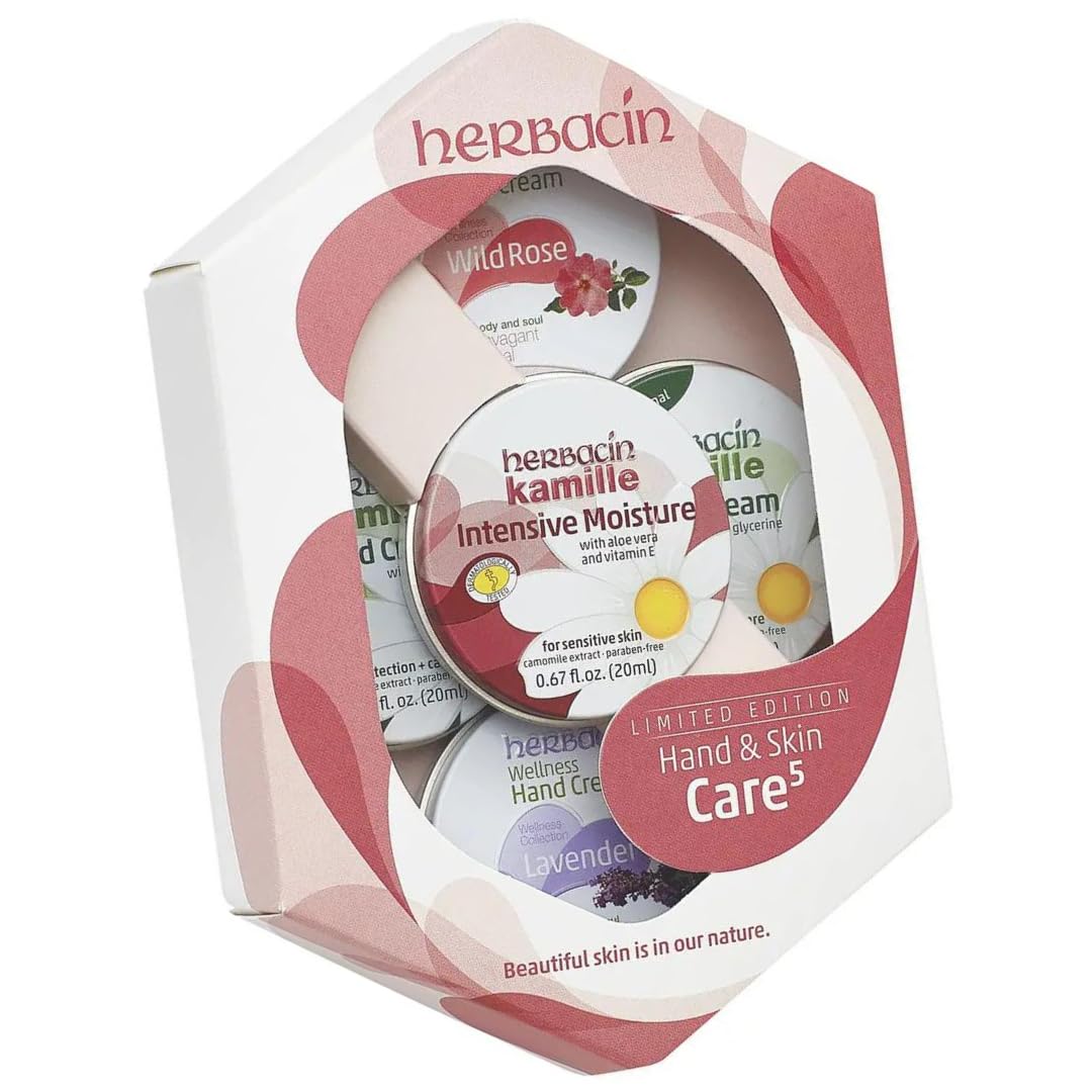 Herbacin Hand & Skin Care 5 Tin Gift Set features 5x20ml tins of hand and skin care essentials, unscented Herbacin Kamille Hand Cream, Kamille Intensive Moisture, Lavender & Wild Rose Hand Creams