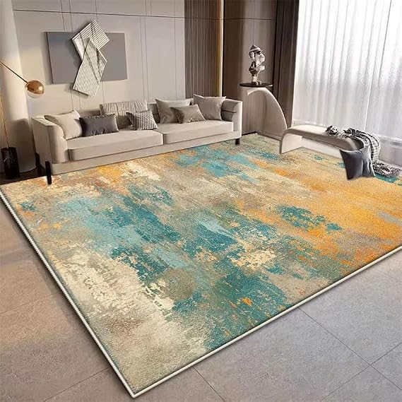 Modern Abstract Large Area Rugs for Living Room Bedroom 200x300cm(6.6×10ft) Colorful Washable Indoor Non-Slip Floor Mat Carpet for Bathroom Kitchen Dining Room Dorm Decor, Teal Blue Orange