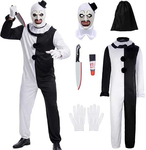 Art the Clown Costume Adult Terrifier Jumpsuit with Scary Mask, Gloves, Knife, Blood & Bag Horror Killer Clown Halloween Outfit for Men Women Cosplay