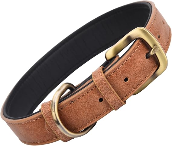Classic Padded Leather Dog Collar Soft and Strong Adjustable Leather Collar Heavy Duty with Alloy Buckle Collar for Small Medium Large Dog (Brown, S)