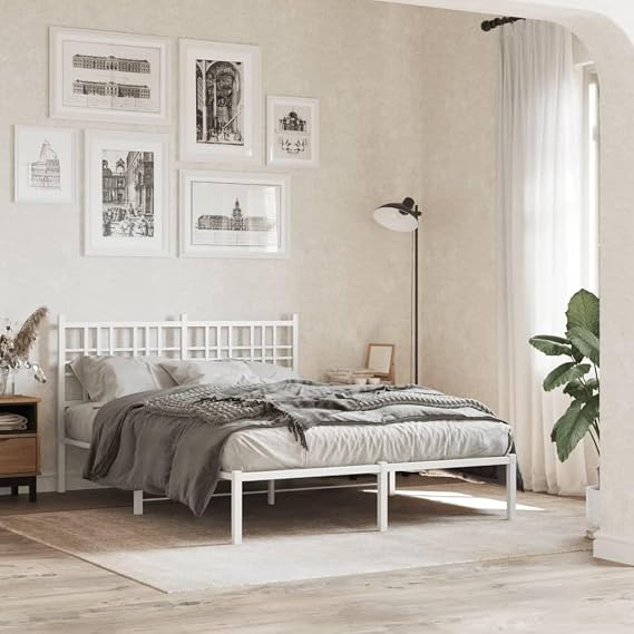 White Metal Bed Frame with Headboard 120x190cm, Sturdy Steel Construction with Metal Slats and Center Legs for Mattress Support and Breathability, Includes Underbed Storage