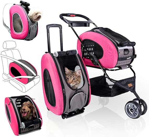 ibiyaya - Compact 5-in-1 Convertible and Foldable Small Pet Carrier and Stroller - Multifunctional Combo System Cat Stroller and Dog Stroller - Pets up to 16 Pounds - Pink